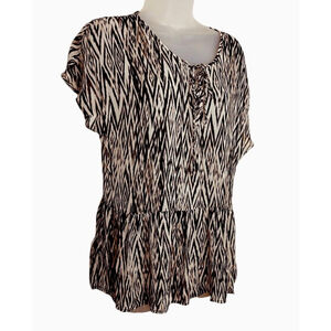 Lucky Brand Sheer Chevron Ikat Animal Print Blouse Medium Peplum Tie Front Top